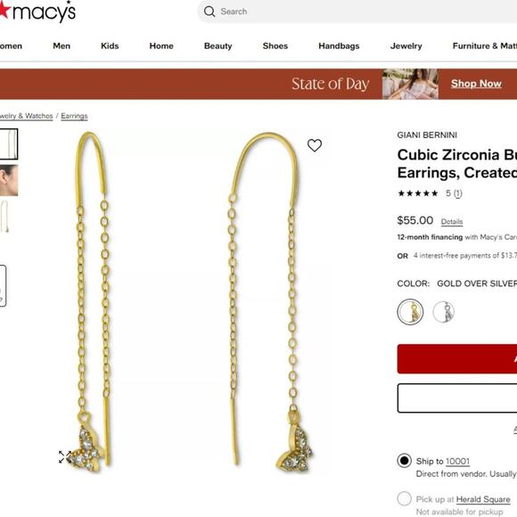 NWT GIANI BERNINI Cubic Zirconia Butterfly Threader Earrings 18K Gold Sterling - Picture 1 of 11